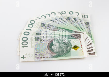 Warschau, Polen - 1. Juli 2017: Polnische Währung. Fan von polnischen 100 Zloty Banknoten. Stockfoto