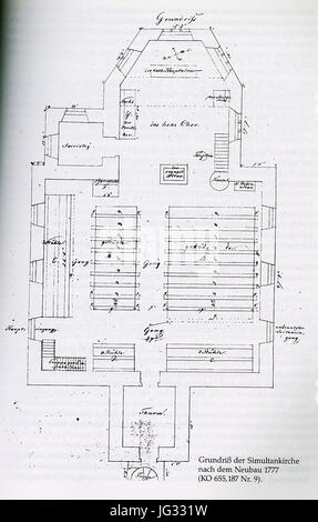 Langenlonsheim (Bad Kreuznach), Simultankirche von 1658 Bis 1907, Grundriss der Simultankirche Nach Dem Neubau 1777, Vor 1907 (von 1907 Bis 1908 Erbauten sterben Katholiken Ihre Pfarrkirche St. Johannes der Täufer ein 0011 Stockfoto