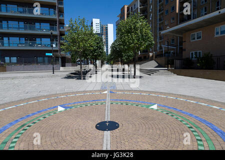 Nullmeridian Line Marker, Isle of Dogs, London, UK. Stockfoto