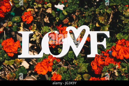 Kreative Layout mit bunten Blumen, Blättern und Wort Liebe. Liebe-Konzept. Stockfoto