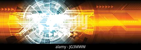 Hi-Tech-helle Webdesign Banner zu abstrahieren. Vektor-Header-Template mit Weltkarte, Zahnräder und Pfeile. Technologie-Abbildung Stock Vektor