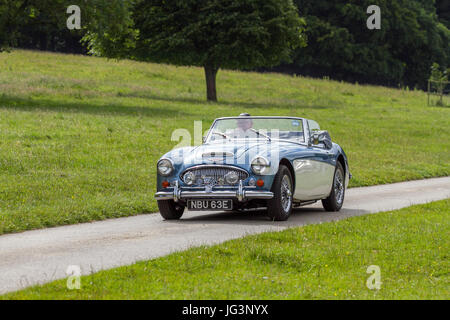 1967 60er Jahre Austin Healey; 60er Jahre Klassische Autos, Sammlerstücke restaurierter Oldtimer, die zum Mark Woodward Event in Leighton Hall, Carnforth, Großbritannien, eintreffen Stockfoto