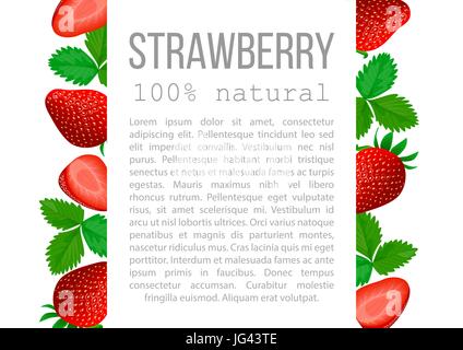 Erdbeere mit Blätter-Plakat. Badge mit Beschreibungstext. Roten reifen Beeren, ganz und Hälften, Laub. Für Kosmetik, Drucke, Postkarten, Gesundheitswesen Stock Vektor