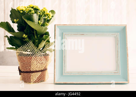 Blauer Rahmen Mock-Up, Digital MockUp, Display Mockup, Meer gestylt Stockfotografie Mockup, bunte Desktop-Mock Up. Gelbe Kalanchoe. Weißer Hintergrund, Stockfoto