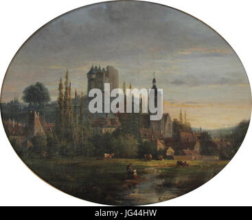 Nogent-le-Rotrou - Stadtmuseum - Louis Moullin - Église Saint-Laurent et Château Saint-Jean, Vue des Prairies De La Cascade À Nogent-le-Rotrou Stockfoto