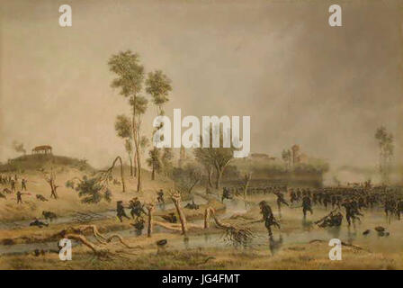 Diese Lithografie von Perrin C. zeigt die Schlacht von Palästina während des Zweiten Italienischen Unabhängigkeitskrieges. Das Bild zeigt die strategische Bedeutung der Schlacht, wobei die militärischen Manöver und die Beteiligung der Vierten Division Piemontas unter General Cialdini hervorgehoben werden. Stockfoto