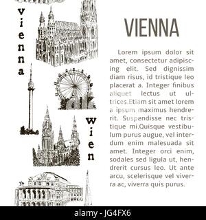 Satz von Vienna Symbole Längsstreifen mit Beschreibungstext. Donauturm, Stephansdom, Rathaus, Prater, Opernhaus. Hand gezeichnete Skizze nahtlose Muster Stock Vektor