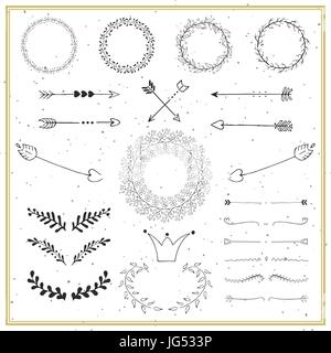 Sammlung von Hand gezeichneten Design-Elemente: Kränze, Pfeile, Grenzen und Teiler Stock Vektor
