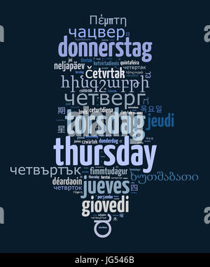 Wort Donnerstag in verschiedenen Sprachen Word Cloud-Konzept Stockfoto