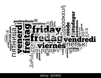 Wort Freitag in verschiedenen Sprachen Word Cloud-Konzept Stockfoto