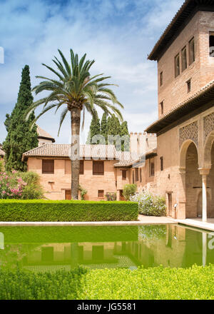 Alte Gebäude und See auf dem Gelände der Alhambra-Palast und Festung befindet sich in Granada, Andalusien, Spanien. Stockfoto