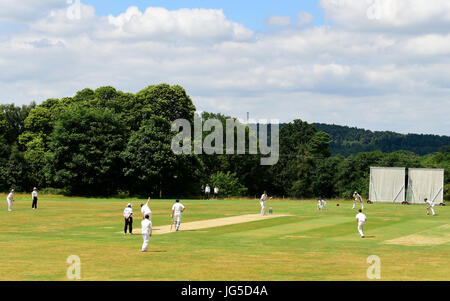 Gesamtansicht von einem lokalen Cricket-Match (Liphook versus Rowledge) in der Nähe der ländlichen Dorf Liphook, Hampshire, UK. 1. Juli 2017. Stockfoto