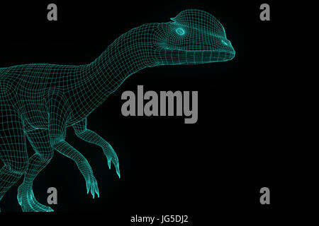 Dilophosaurus Dinosaurier im Hologramm Wireframe-Stil. Schönes 3D Rendering Stockfoto