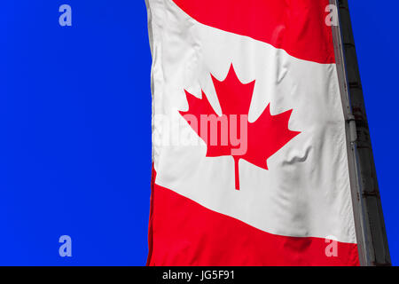 Vertikale schmale kanadische Flagge gegen blauen Himmel Stockfoto