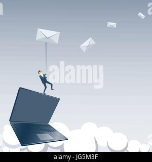 Business-Mann stehend auf Laptop-Computer hält Umschlag Nachricht Social Media Kommunikation e-Mail-Konzept Stock Vektor