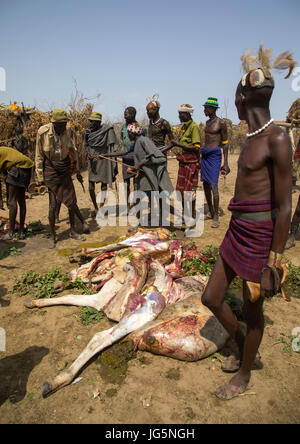 Stammes-Leute kochen eine Kuh während der Zeremonie stolz Ochsen in Dassanech Stamm, Turkana County, Omorate, Äthiopien Stockfoto