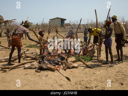 Stammes-Leute kochen eine Cowduring der stolzen Ochse Zeremonie in den Dassanech Stamm, Omo-Tal, Omorate, Äthiopien Stockfoto