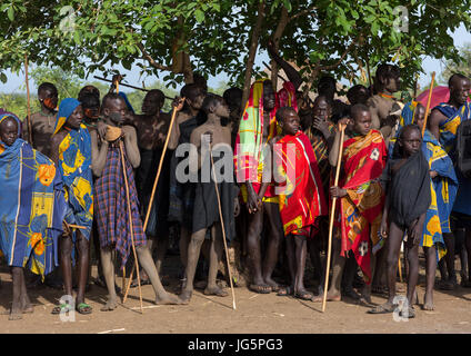 Junge Männer während der Zeremonie dicke Männer in Bodi Stamm, Omo-Tal, Hana Mursi, Äthiopien Stockfoto