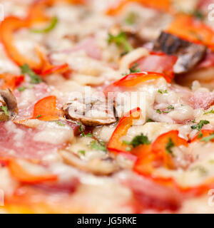 Leckere italienische Salami Pizza. Super-Makro Stockfoto