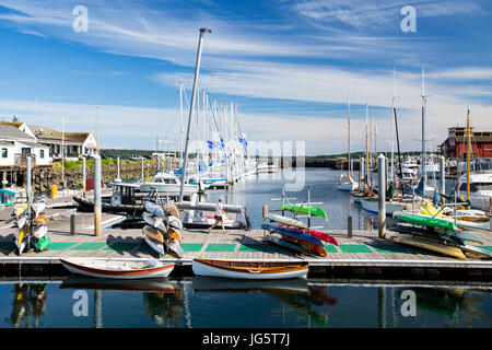 Boote in der Marina mit Halterung. Rainier im Hintergrund. Hudson Point Marina, Port Townsend, Washington. Stockfoto