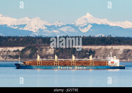 Log-Schiff für die Anmeldung durchläuft Puget Sound, Washington mit Cascade Mountains im Hintergrund. Stockfoto