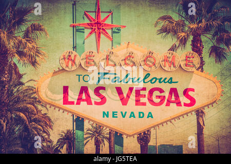 Vintage Welcome to Fabulous Las Vegas Schild mit Retro-Grunge Texturen Stockfoto