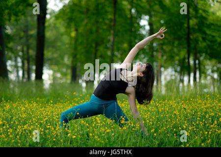 Junge Frau beim Yoga auf einen grünen Wald. Stockfoto