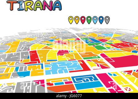 Tirana, Albanien, die Innenstadt von 3D Vektorkarte von berühmten Straßen. Hellen Vordergrund voller Farben. Weiße Straßen, Wasserwege und grauen Hintergrund areal. Weiß Stock Vektor