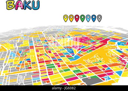 Baku, Aserbaidschan, die Innenstadt von 3D Vektorkarte von berühmten Straßen. Hellen Vordergrund voller Farben. Weiße Straßen, Wasserwege und grauen Hintergrund areal. Whit Stock Vektor
