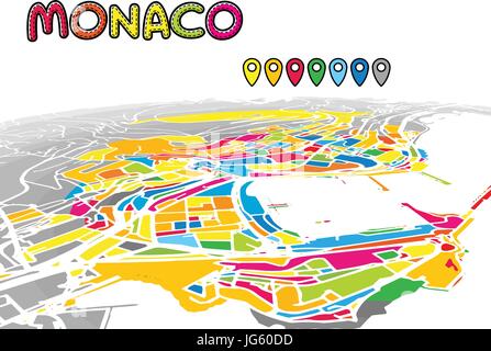 Monaco, Monaco, die Innenstadt von 3D Vektorkarte von berühmten Straßen. Hellen Vordergrund voller Farben. Weiße Straßen, Wasserwege und grauen Hintergrund areal. Weiß Stock Vektor