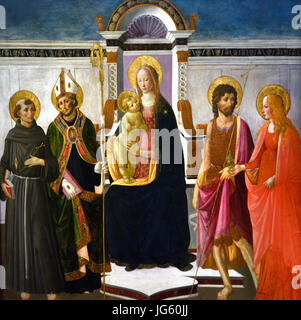 Thronende Madonna und Kind mit Heiligen Franziskus, Louis von Toulouse, Johannes der Täufer und Magdalena 1470 Gherardo di Giovanni di Miniato del Fora (1445 – 1497) war ein italienischer Maler. Italien Stockfoto