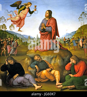 Die Qual in den Garten 1492 Pietro Perugino 1446/1452 – 1523 geboren Pietro Vannucci, italienischer Renaissance-Maler der umbrischen Schule, Italien (Christus ist dargestellt in der Mitte des Paneels über einen klaren Himmel im Garten von Gethsemane kniend und empfangen von einem Engel einen göttlichen Kelch. Seine Gestalt bildet ein Dreieck mit drei schlafenden Apostel am unteren (v.l., John, Petrus und Jakobus); das Dreieck ist durch die Symmetrielinie der Hügel mit der Malerei Seiten verbunden. Hinter Jesus ist eine Seenlandschaft, ein typisches Element der italienischen Malerei zur Zeit mit einer befestigten Stadt Stockfoto