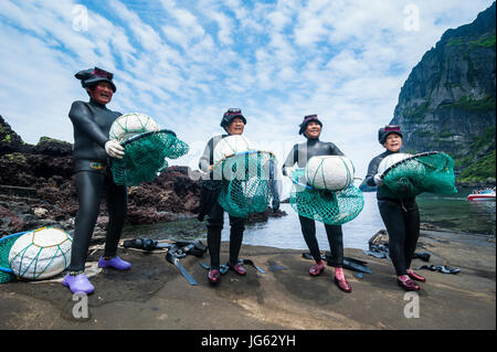 Haenyo, die berühmte Taucherinnen auf der UNESCO-Welterbe Anblick der Insel Jejudo, Südkorea Stockfoto