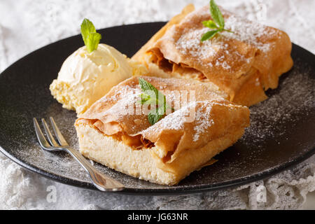 Topfenstrudel mit Vanilleeis Nahaufnahme auf einer Platte geschnitten. horizontale Stockfoto