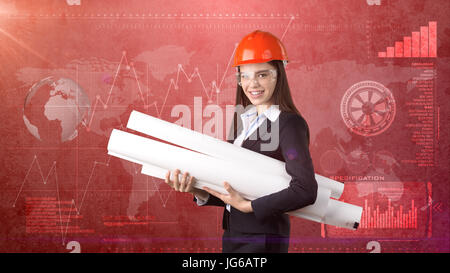 Bau, Entwicklung, Consrtuction und Architektur-Konzept-Geschäftsfrau in orange Helm, Brille mit Blaupause. Stockfoto