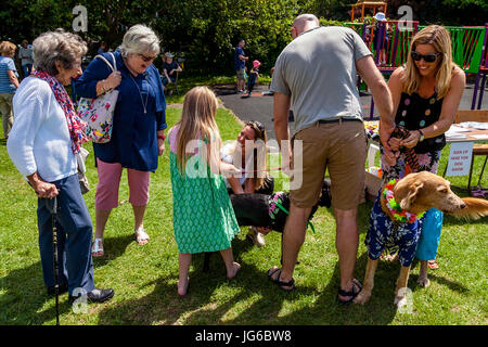 Menschen vor Ort mit ihren Haustieren warten, zur Teilnahme an einer Kostüm-Hundeausstellung in Kingston Dorffest, Kingston, East Sussex, UK Stockfoto