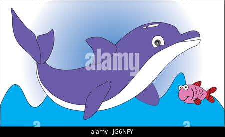 Funny Dolphin und kleine Fische schwimmen im Wasser. Stock Vektor