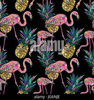 Tropischer Sommer nahtlose Muster mit rosa Flamingo, Ananas. Stock Vektor