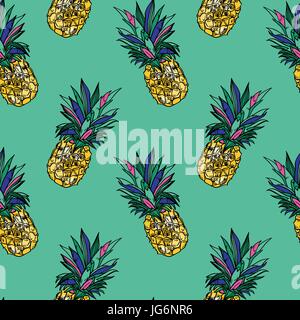 Nahtlose Sommer gold Ananas auf farbigem Hintergrund. Nahtlose Muster in Vektor. Stock Vektor