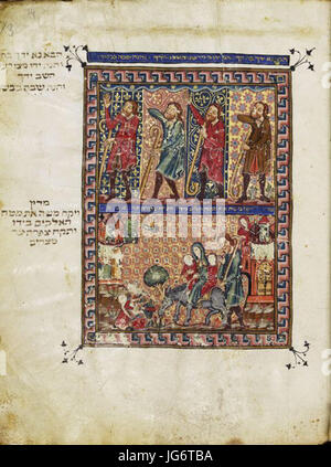 Eine Illustration aus der Rylands Haggada, die Szenen aus dem Exodus zeigt: Moses heilt seinen Aussätzigen Arm, die Rückkehr nach Ägypten und Zipporah beschneidet ihren Sohn. Die Haggada ist ein bedeutender jüdischer religiöser Text. Stockfoto