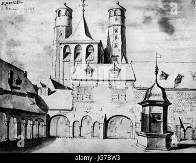 St-Maria-im-Kapitol-Köln-Kreuzgang-Stiftskirche-und-Brunnen-Justus-Finkenbaum-um-1665 Stockfoto