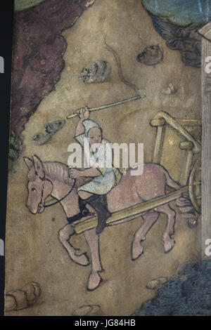 Mittelalterliche silber Verarbeitung in der sogenannten Kutná Hora beleuchtete Miniatur dargestellt (Kutnohorská iluminace) einmal verwendet eine Seite eines unbekannten Mittelalterliche illuminierte Manuskript (schrittweise) aus den 1490er Jahren auf dem Display in der Galerie der Mittelböhmische Region (gask) in Kutná Hora, Tschechien. Stockfoto