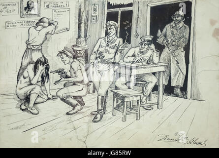 Abfrage in der Ogpu (Geheimpolizei der Sowjetunion von 1923 bis 1934) in der Karikatur von ukrainischen Künstler Mikhaylo Mikhalevich (1906-1984) datiert vom 27. April 1932 auf der Ausstellung "Die Erfahrung des Exils" in Prag, Tschechische Republik dargestellt. Die Ausstellung über die Auswanderung aus der ehemaligen russischen Reiches gewidmet an die Tschechoslowakei läuft im Star Summer Palace (Letohrádek Hvězda) bis zum 29. Oktober 2017. Stockfoto