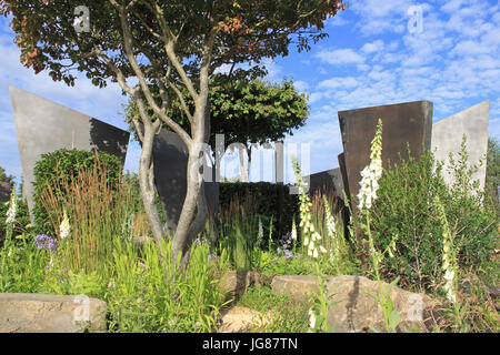 RHS "Watch This Space", so Andy Sturgeon konzipiert. Schaugarten. RHS Hampton Court Palace Flower Show, London, England, UK. Presse-Preview-Tag, 3. Juli 2017. Jährliche Blumenschau, organisiert von der Royal Horticultural Society. Von Dienstag, 4. Juli bis Sonntag, 9. Juli 2017 laufen. Ian Bottle / Alamy Live News Stockfoto