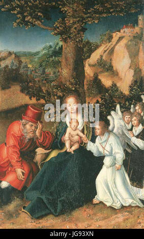 Lucas Cranach d. (Werkstatt) - Die Heilige Familie Mit Engeln in Einer Landschaft Stockfoto
