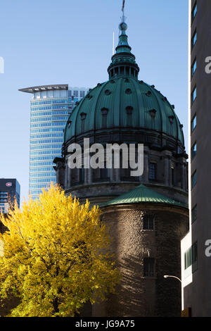 Herbstfarben in einem Baum von der Mary Queen von der Kathedrale der Welt (Cathedrale Marie-Reine-du-Monde) in Montreal, Kanada. Die Basilika ist ein Roman Catholi Stockfoto