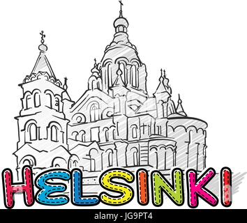 Helsinki schöne skizzierte Ikone, Famaous handgezeichneten Wahrzeichen, Stadt Name Schriftzug, Vektor-illustration Stock Vektor