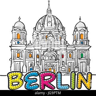 Berlin schöne skizzierte Ikone, Famaous handgezeichneten Wahrzeichen, Stadt Name Schriftzug, Vektor-illustration Stock Vektor