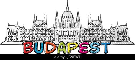 Budapest schön skizziert Famaous handgezeichneten Wahrzeichen, Stadt Name Schriftzug, Symbol, Vektor-illustration Stock Vektor