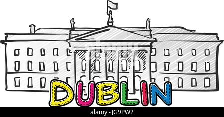 Dublin schöne skizzierte Ikone, Famaous handgezeichneten Wahrzeichen, Stadt Name Schriftzug, Vektor-illustration Stock Vektor